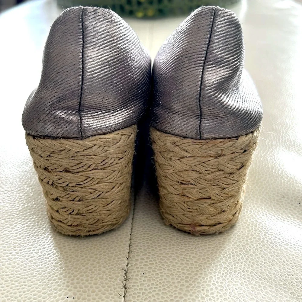 Ralph Lauren Cecilia Metallic Peep Toe Espadrille 7.5 Wedges Stacked Heel Preppy